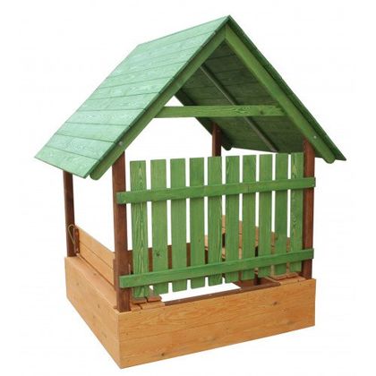 Песочница - домик с лавочками, крышей и защитным забором 3